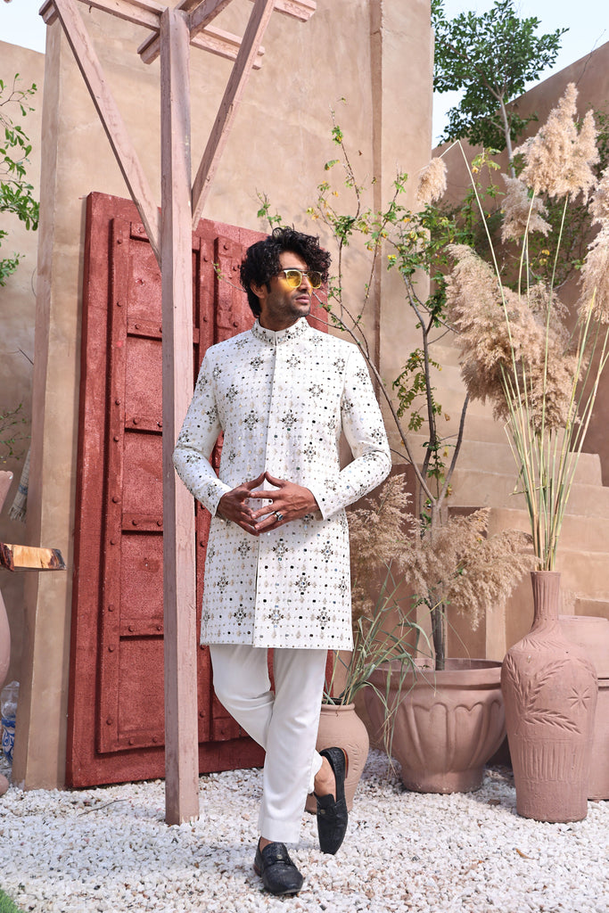 ER SH 103 White Mirror and Hand Work Sherwani For Groom