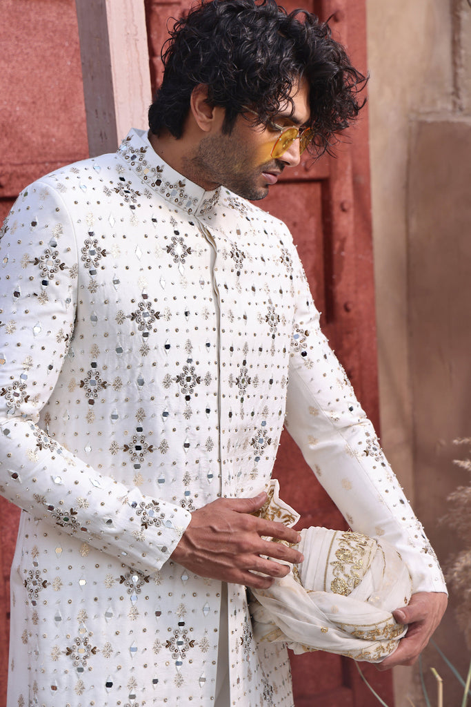 ER SH 103 White Mirror and Hand Work Sherwani For Groom