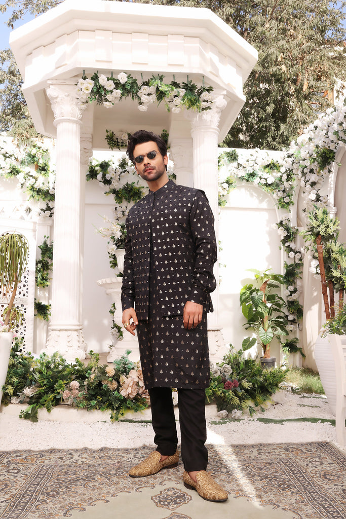 ER MR 21 Black Mirror Embroidery Self Cotton Silk Fabric Kurta Pajama