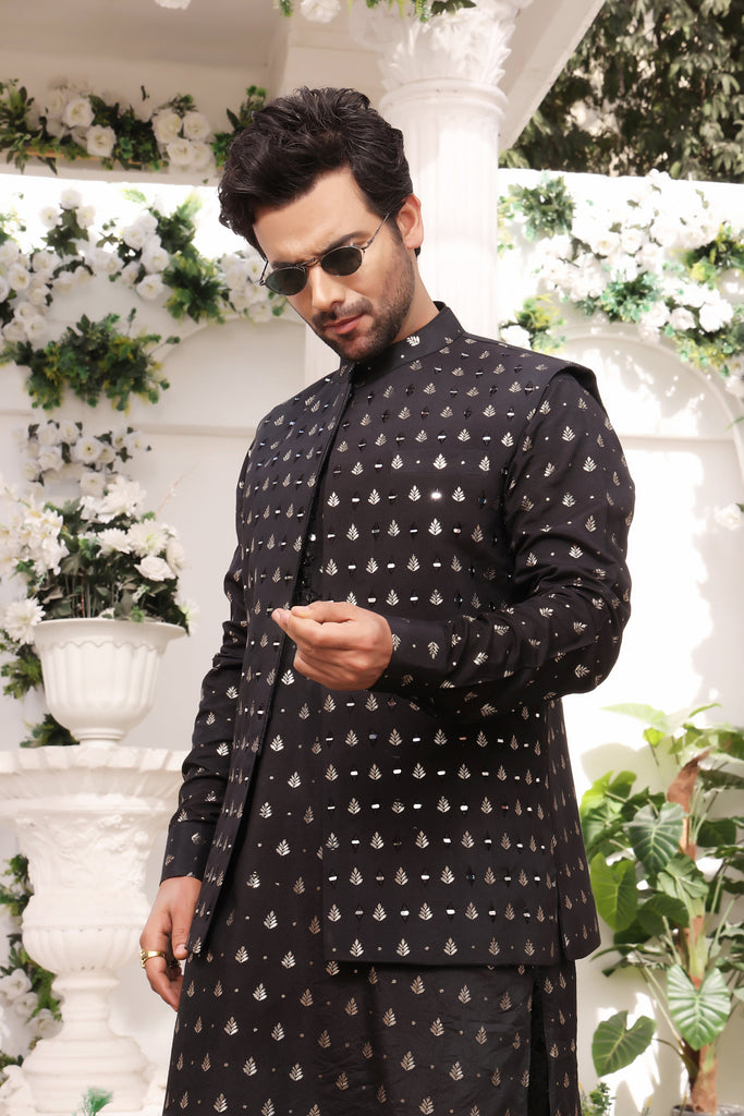 ER MR 21 Black Mirror Embroidery Self Cotton Silk Fabric Kurta Pajama