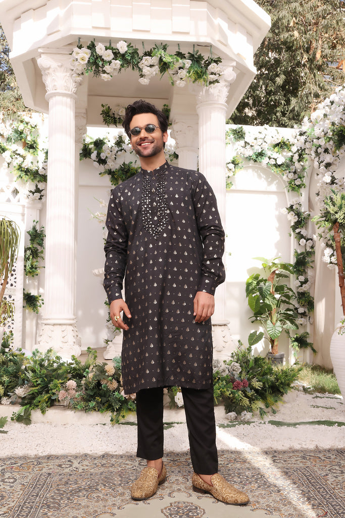 ER MR 21 Black Mirror Embroidery Self Cotton Silk Fabric Kurta Pajama