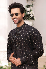 Load image into Gallery viewer, ER MR 21 Black Mirror Embroidery Self Cotton Silk Fabric Kurta Pajama