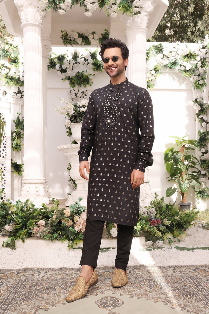 ER MR 21 Black Mirror Embroidery Self Cotton Silk Fabric Kurta Pajama