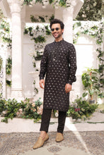 Load image into Gallery viewer, ER MR 21 Black Mirror Embroidery Self Cotton Silk Fabric Kurta Pajama