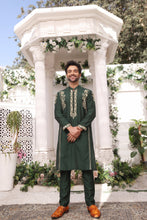 Load image into Gallery viewer, ER MR 25 Green Gold Embroidery Self Cotton Silk Fabric Kurta Pajama