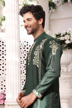 Load image into Gallery viewer, ER MR 25 Green Gold Embroidery Self Cotton Silk Fabric Kurta Pajama