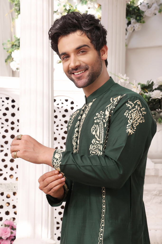 ER MR 25 Green Gold Embroidery Self Cotton Silk Fabric Kurta Pajama