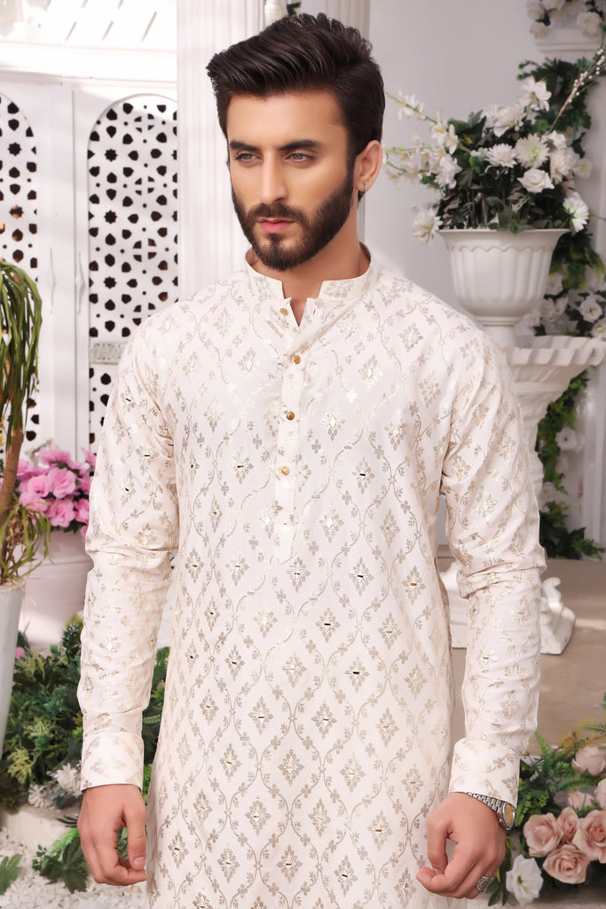 ER MR 32 White Mirror Embroidery Self Cotton Silk Fabric Kurta Pajama Mirror Work For Men