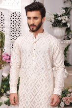 Load image into Gallery viewer, ER MR 32 White Mirror Embroidery Self Cotton Silk Fabric Kurta Pajama Mirror Work For Men