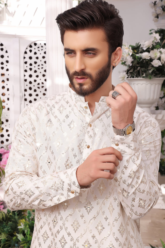 ER MR 32 White Mirror Embroidery Self Cotton Silk Fabric Kurta Pajama Mirror Work For Men