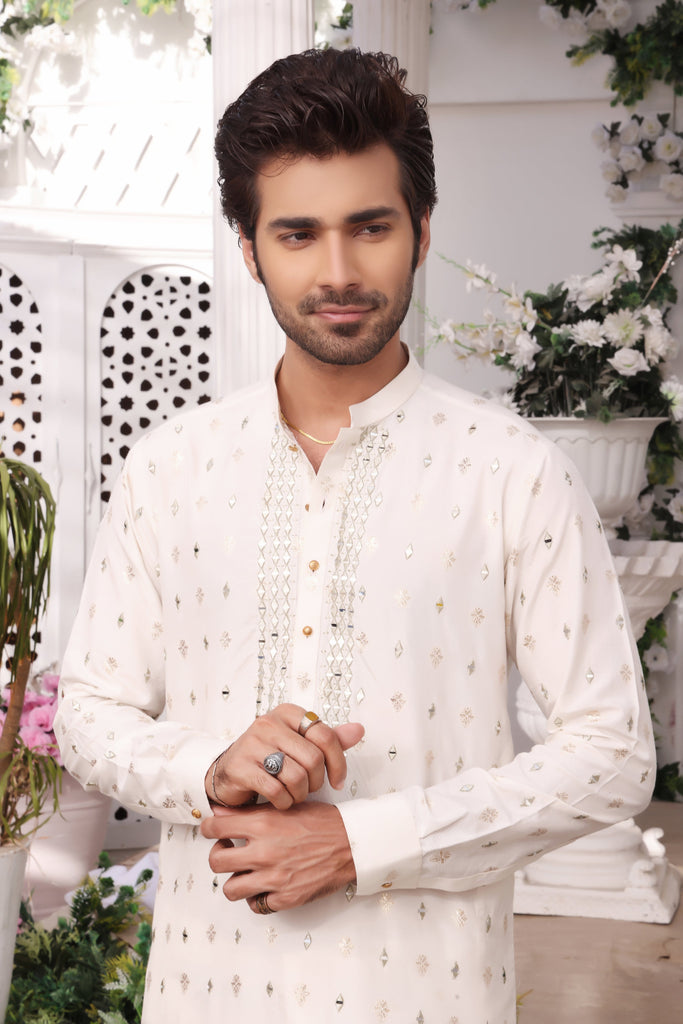 ER MR 31 White 2 Mirror Embroidery Self Cotton Silk Fabric Kurta  Mirror Work For Men