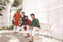 Load image into Gallery viewer, ER MR 26 Green Mirror Embroidery Self Cotton Silk Fabric Kurta Pajama Mirror Work For Men