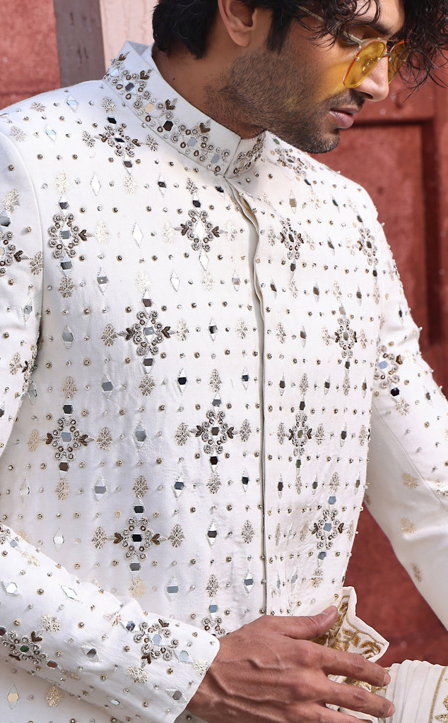 ER SH 103 White Mirror and Hand Work Sherwani For Groom