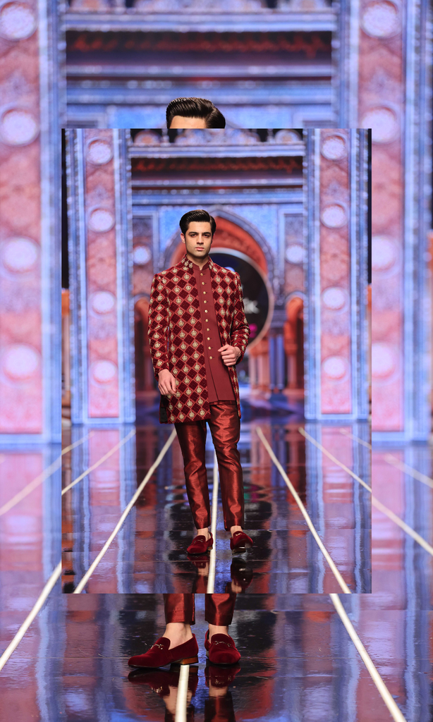 BCW 58 Maroon Checkered Applique Velvet & Satin Sherwani