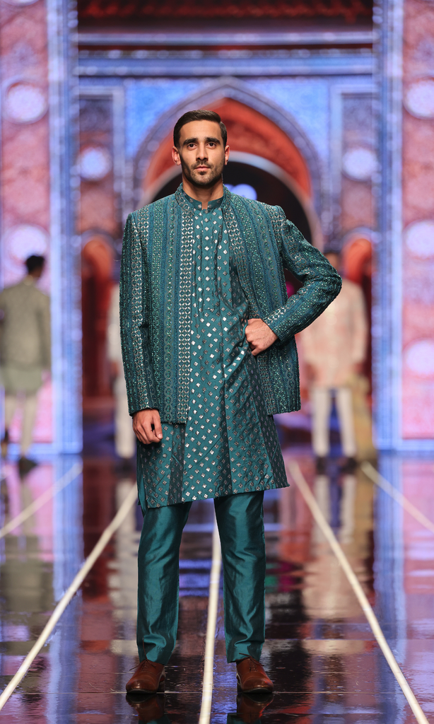 BCW 52 Peacock Green Prince Coat Front Open Hand Work For Men