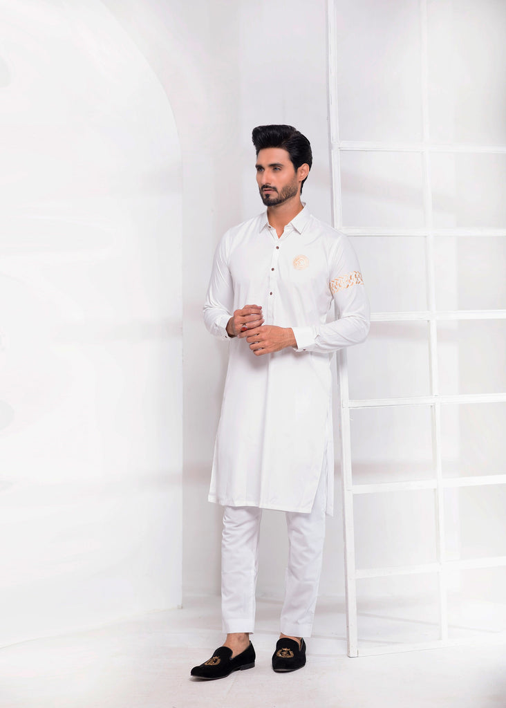 ER 534 Edge Kurta Shalwar Off white With Logo and Emboided SLeeves