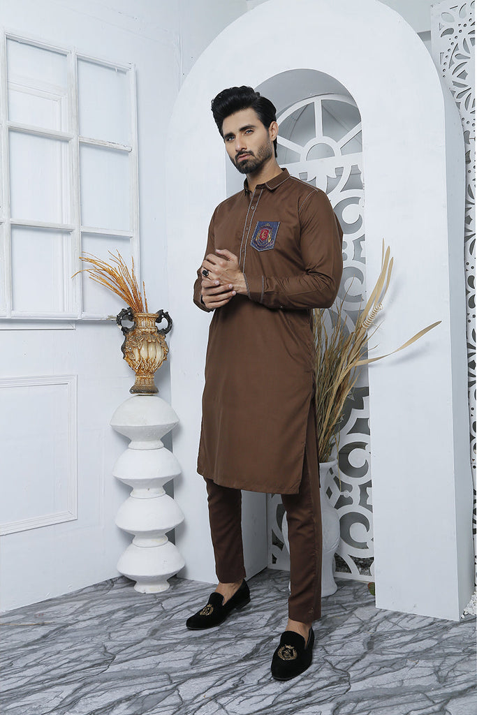 ER 480 Brown Edge Republic Kurta Pajama For Men With Monogram Emroided on Pocket