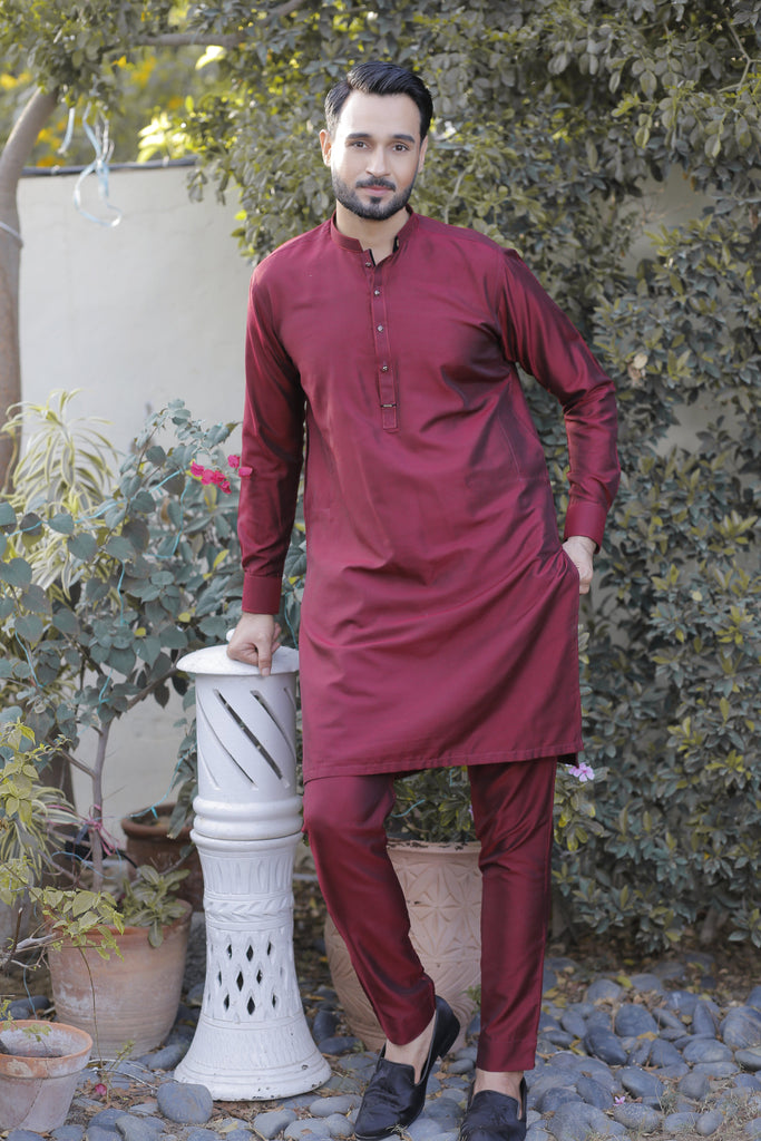 ER 571 Maroon Cotton Silk Kurta Pajama with velvet finish For Men