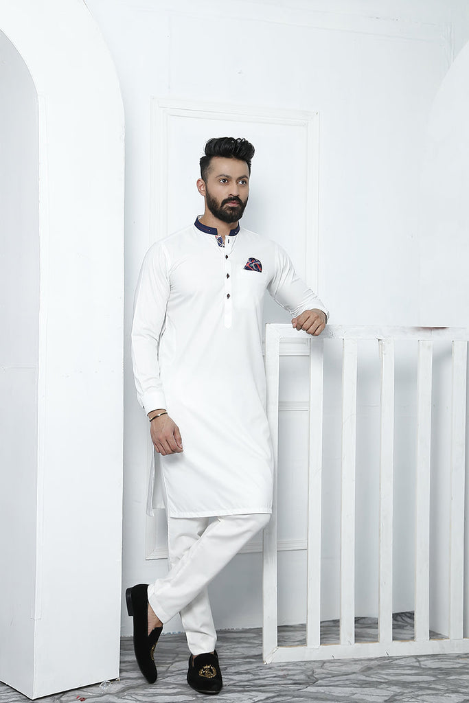 ER 468 White Edge Republic Kurta Pajama For Men with Removable Pocket Square