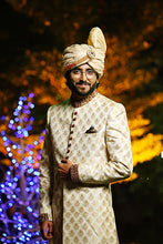 Load image into Gallery viewer, ER SH-087 Golden Boti Work oon Jamawar With Collar Cuff Kora Dabka Work FOr Groom