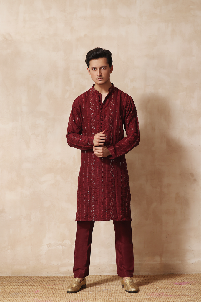 ER KH 655 Maroon Traditional Chikankari Mens kurta With Sequence work