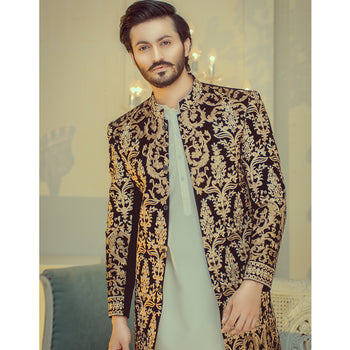 GoldCopper Velvet Embroided Sherwani For Wedding