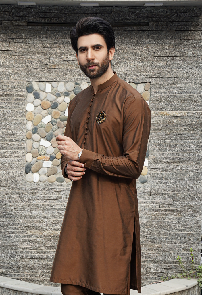 ER 577 Brown Raw silk Kurta and Trouser with Signature Logo