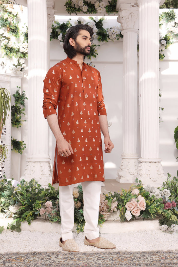 ER MR 29 Orange Mirror Embroidery Self Cotton Silk Fabric Kurta Pajama