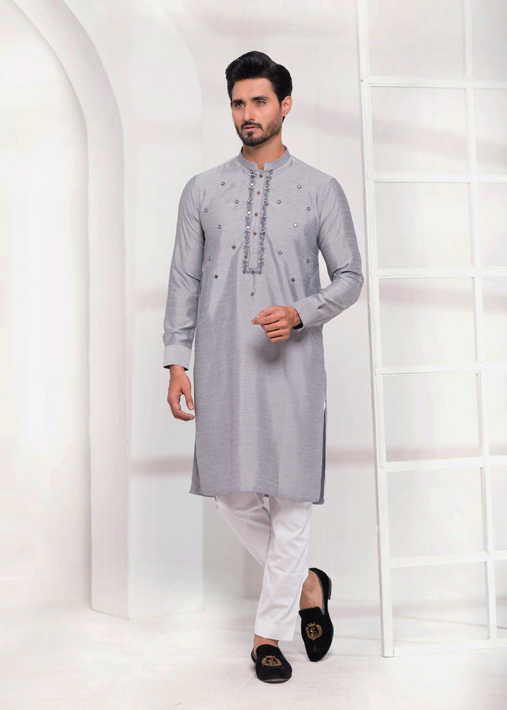 ER EMB 531 Grey Raw silk Mirror Embroidery Kurta Pajama