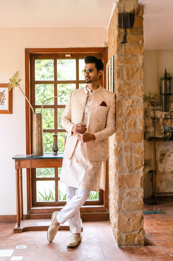 ER 2075 White and Beige Gold Embroided Prince Coat For men