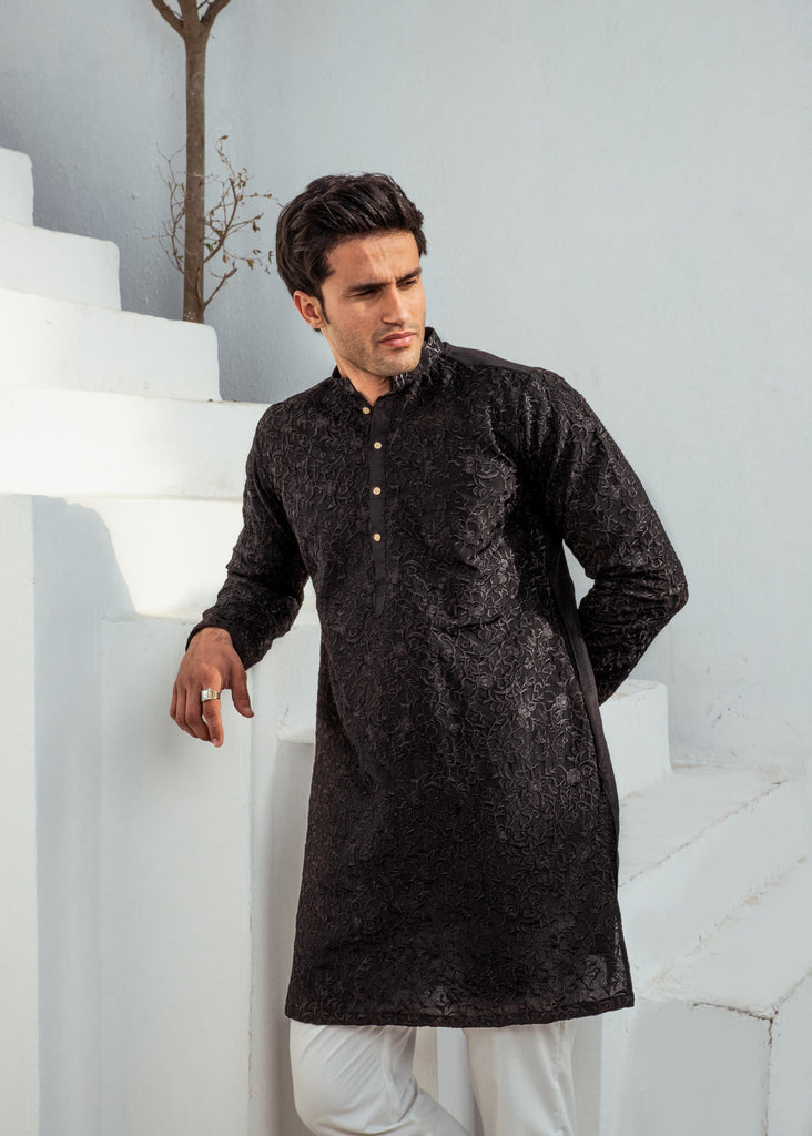 CK 720 Black ChickanKari Kurta Pajama For Men