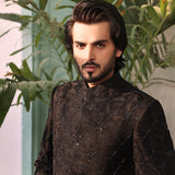 ER SH 105 Black Hand Work Sherwani For Groom