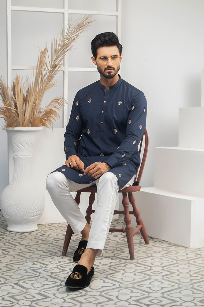 ER 525 Blue WIth Gold EMbroided Kurta And Off White Trouser