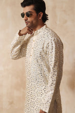 Load image into Gallery viewer, ER KH 657 Off White Cotton Silk Resham and Mirror Embroidery Kurta pajama For Men