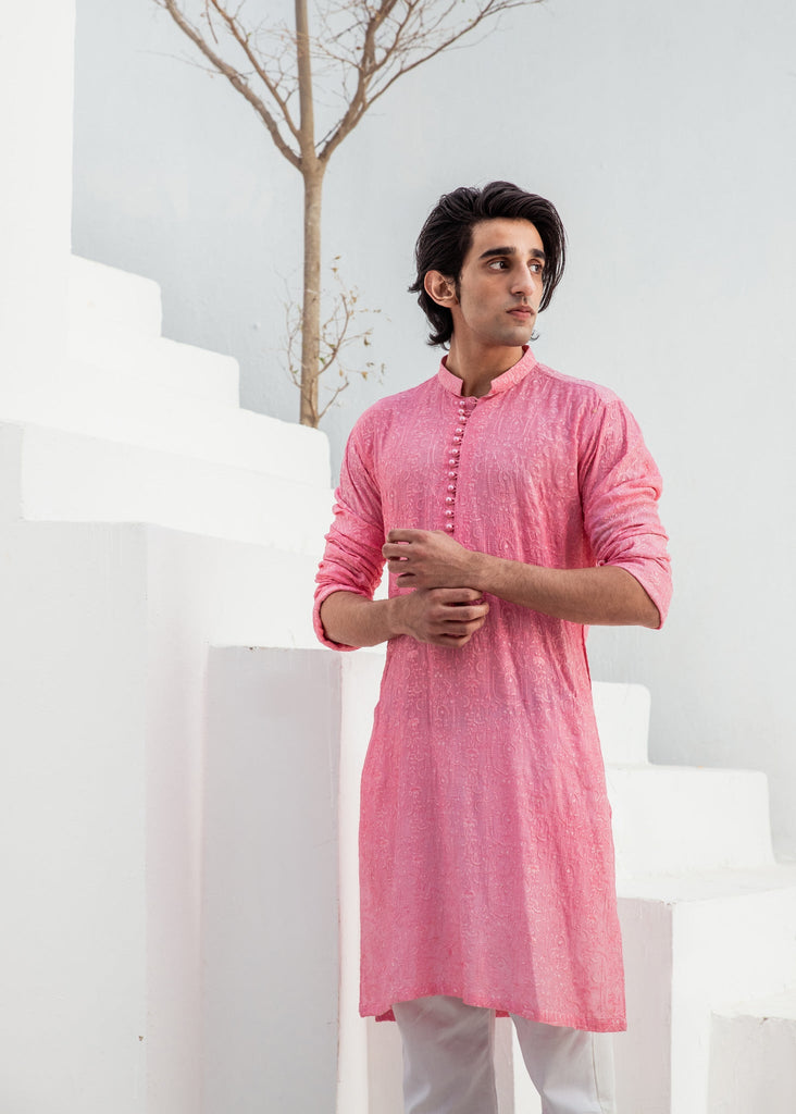 CK 722 Pink ChickanKari Kurta Pajama For Men