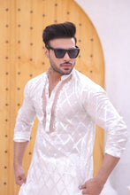 Load image into Gallery viewer, ER MR 42 White Cutt Work Self Cotton Silk Fabric Kurta Pajama Mirror Work For Men