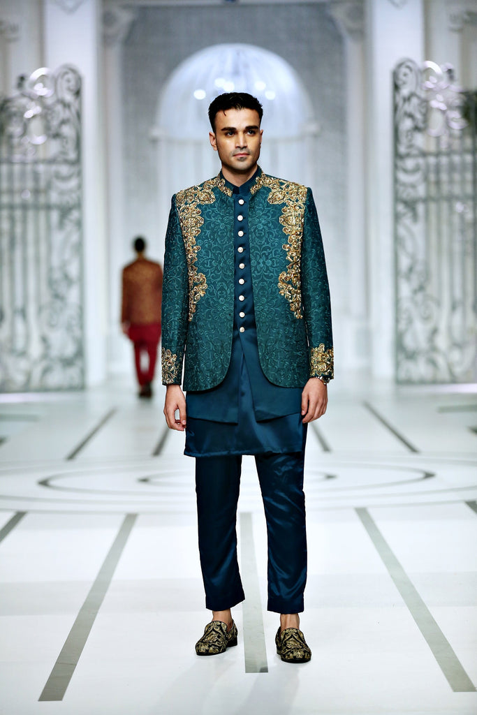 BCW PC 48 Teal Green Prince Coat With Kora Daka Work With inner Waist Coat Add Kurta