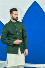 Load image into Gallery viewer, ER PC 2035 Green Exclusive Raw Silk Checkered Prince Coat with Front Logo