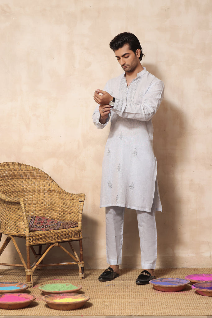 ER KH 659 Sky blue cotton Irish kurta and pajama set, with heavily embroidered placket and embroidered band collar