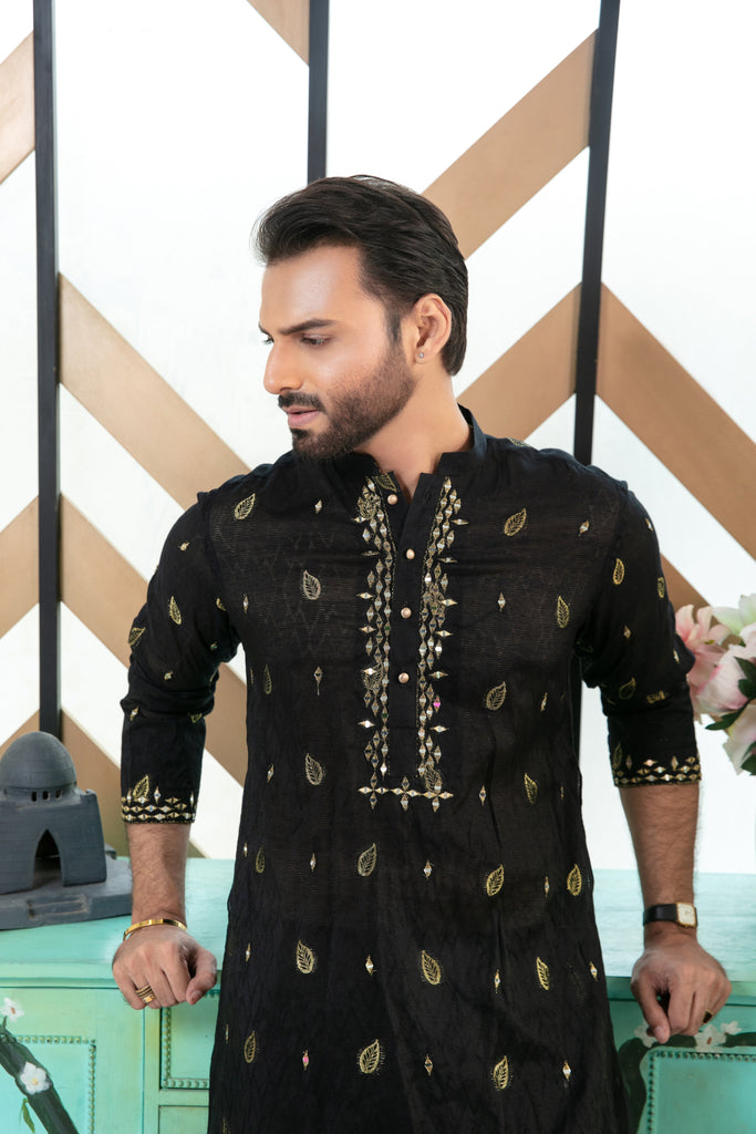 ER MR 34 Black Mirror Embroidery Kurta Pajama