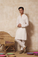 Load image into Gallery viewer, ER KH 656 Off White cotton Irish kurta and pajama set, with heavily embroidered placket and embroidered band collar