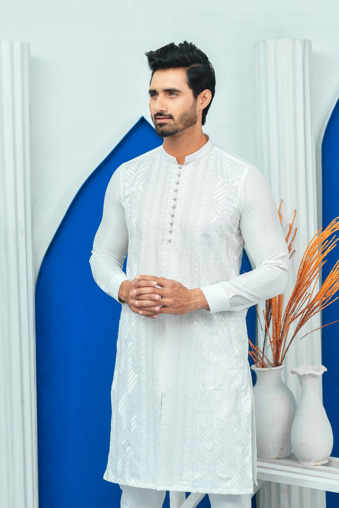 Front Open Chicken Kari EMB ED 104 White Sherwani Style Embroided Series Kurta Pajama