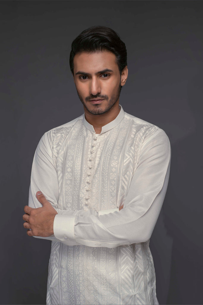 ER 519 White Geometric EMbroided Front Open Style Kurta Pajama