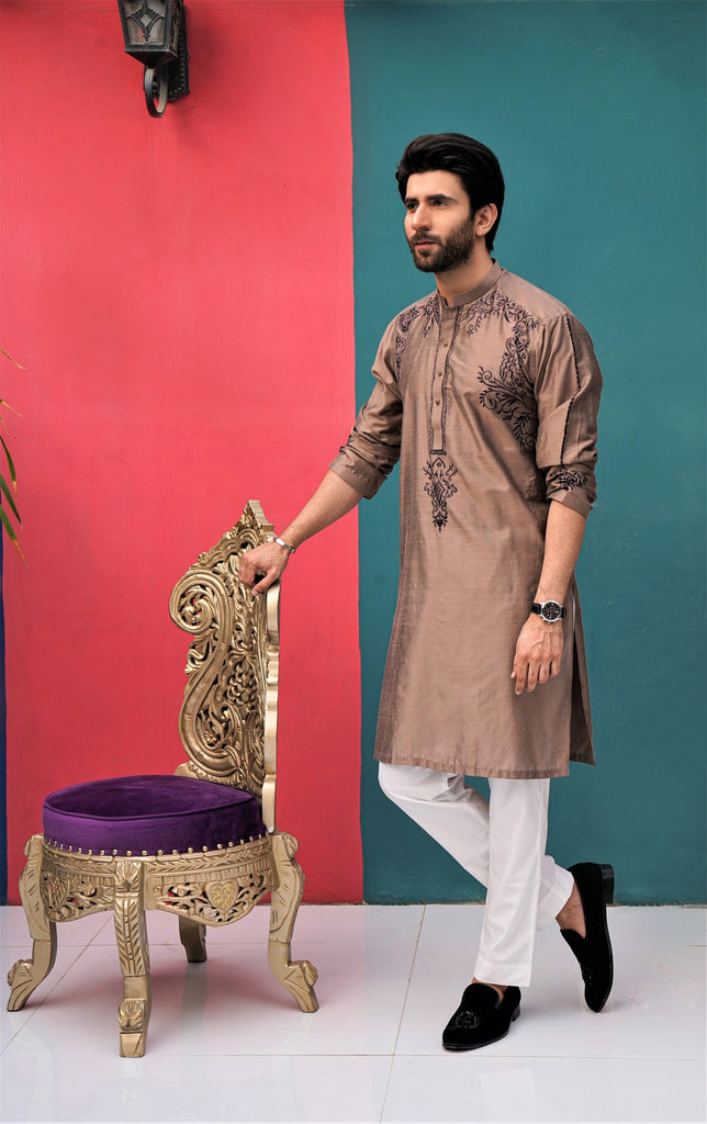 ER 580 Metallic Color Raw Silk Embroided Kurta Pajama