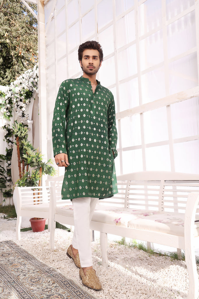 ER MR 26 Green Mirror Embroidery Self Cotton Silk Fabric Kurta Pajama Mirror Work For Men