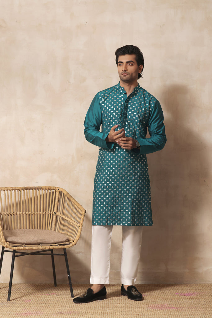 ER KH 658 Peacock Blue Cotton Silk Resham and Mirror Embroidery Kurta pajama For Menrs