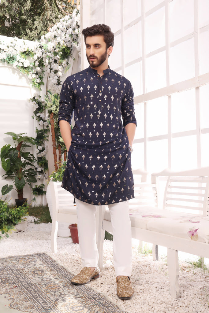 ER MR 22 Blue Mirror  Embroidery Self Cotton Silk Fabric Kurta Pajama