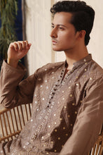 Load image into Gallery viewer, ER KH 652 Fawn Brown Cotton Silk Resham and Mirror Embroidery Kurta pajama For Men