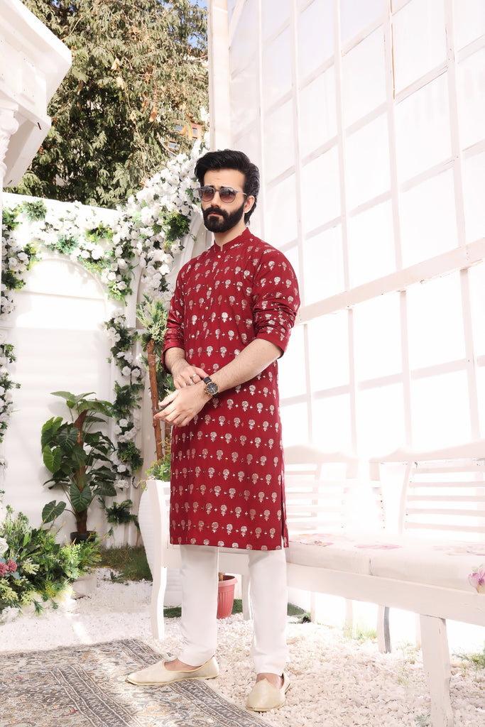 ER MR 30 Red Mirror  Embroidery Self Cotton Silk Fabric Kurta Pajama Mirror Work For Men