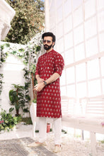 Load image into Gallery viewer, ER MR 30 Red Mirror  Embroidery Self Cotton Silk Fabric Kurta Pajama Mirror Work For Men